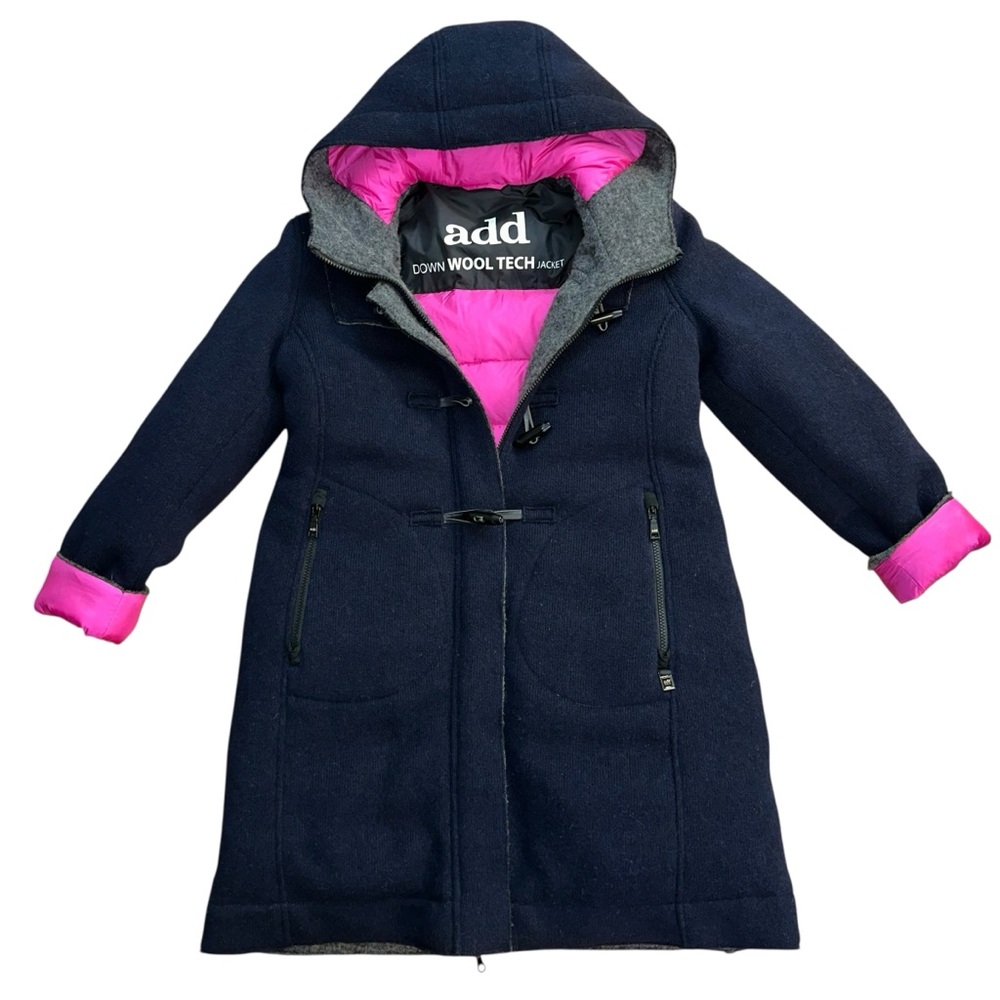 ADD Down Wool Tech Jacket Womens Navy/Pink Toggle Hooded Duffle 8 Italian Brand